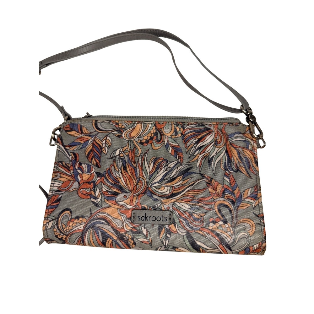Sakroots Crossbody Wallet Bag Floral Feather Print Canvas Gray Multi Boho Travel